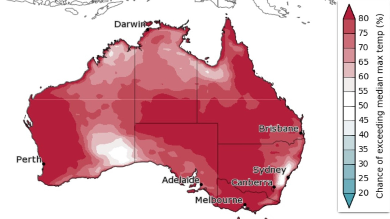 There is an 80 per cent chance of above average maximum temperatures right across the country according to the Bureau of Meteorology’s chance of above median maximum temperature report for November to January has predicted. Picture: Bureau of Meteorology.