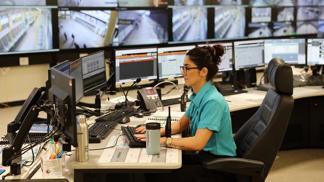 Staff monitor the driverless trains from the Metro Trains Sydney Mission Control Centre in Tallawong today. Picture: Tim Hunter.