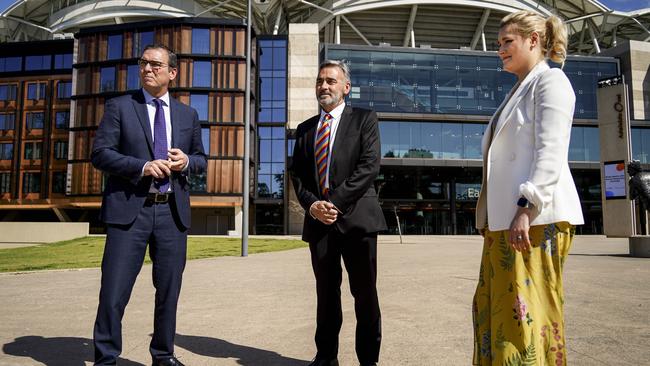 Keith Bradshaw flanked by Premier Steven Marshall and SA Health’s Dr Emily Kirkpatrick. Picture: Mike Burton