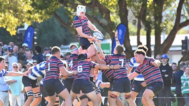 Dan Wells brings down lineout ball. GPS First XV rugby between Nudgee College and The Southport School. Saturday July 20, 2024. Picture, John Gass