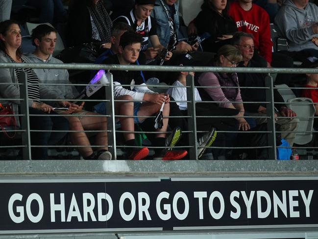 The infamous ‘Go hard or go to Sydney’ sign at Melbourne United’s home court. Picture: Melbourne United