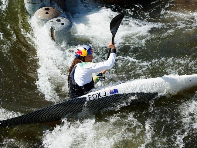 SYDNEY, AUSTRALIA - NewsWire Photos, September 4, 2024. Olympic gold medallist Jess Fox in action during a media demonstration after Minns announced funding for the 2025 Canoe Slalom World Championships and also naming of Fox Island, part of the whitewater course infrastructure, at Penrith Whitewater Stadium. Picture: NewsWire / Max Mason-Hubers