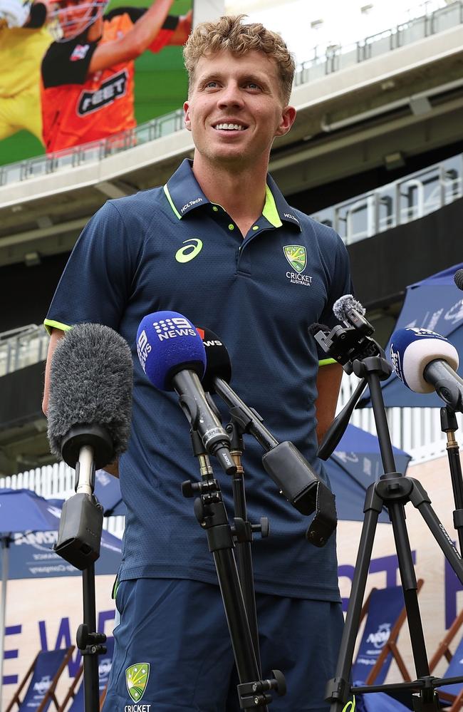 Nathan McSweeney addresses the media at Optus Stadium on Monday. Picture: Paul Kane/Getty Images.