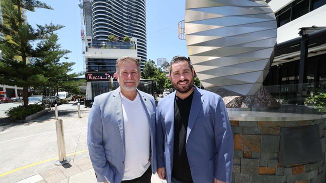 Gold Coast premium dining destination, Oracle Boulevard, announcied a multi-million-dollar transformation that will set a new standard for luxury dining and redefine the culinary scene on the Coast. SOX Hospitality founder Simon Morris and Jason Makris, CEO of Makris Group, at the announcement. Picture Glenn Hampson