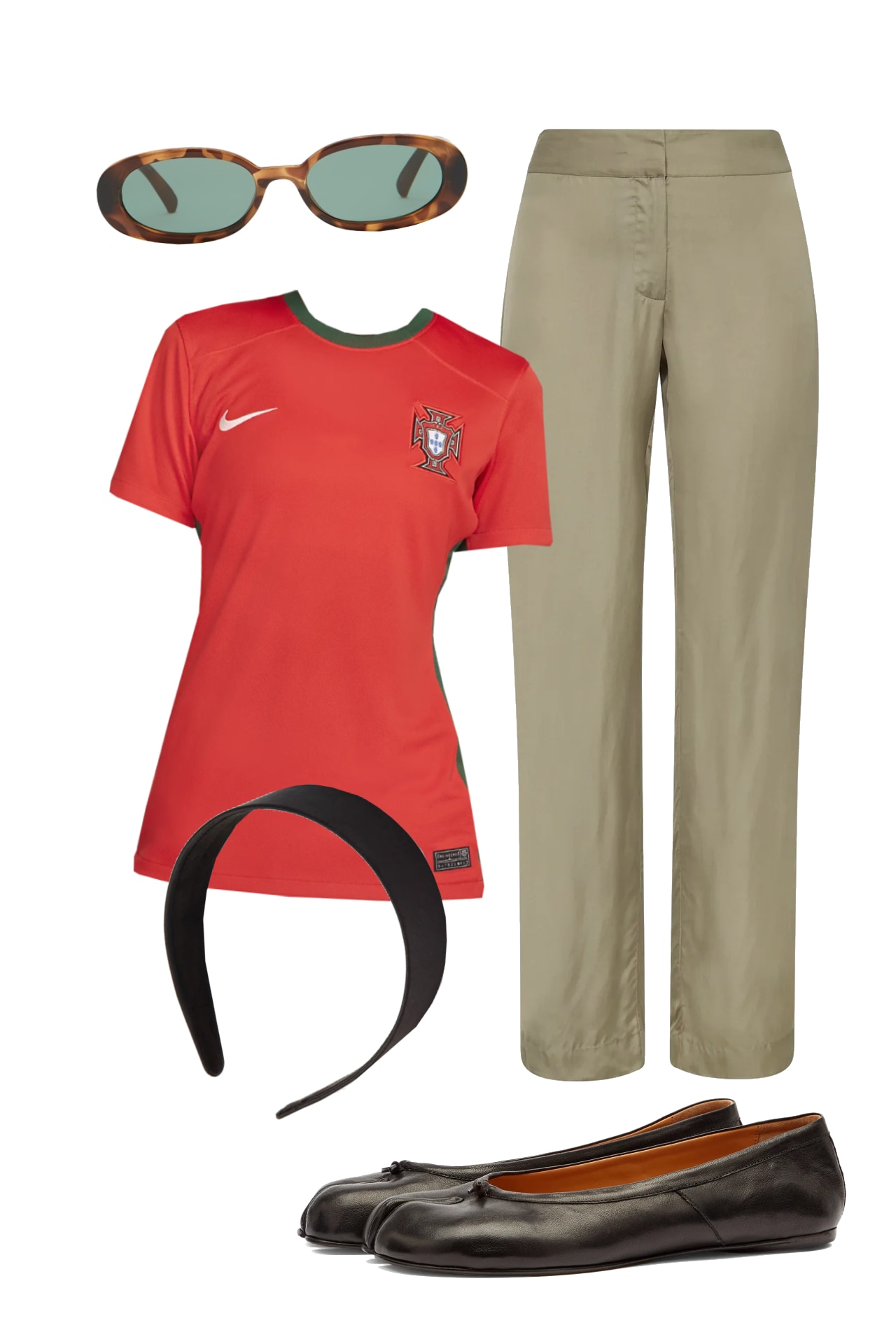 <h2><b>Portugal home</b></h2><p>The sun-dried tomato red of Portugal’s home kit is a statement on its own, so we’d style this jersey with pieces that are more pared back. Straight-leg trousers in a greige or muted brown are an excellent choice; black pants would work well, but risk appearing harsh. Darker accessories, though, are encouraged, like a pair of ballerina flats, a headband and slim oval sunglasses. Think Carolyn Bessette Kennedy, if she’d been a football fan. </p><p><b>SHOP NOW:</b> Portugal 2023 stadium home women's Nike Dri-Fit football shirt, $115 from <a href="https://www.nike.com/au/t/portugal-2023-stadium-home-dri-fit-football-shirt-72269s/DR3993-600" target="_blank" rel="nofollow noopener"><b>Nike</b></a></p><p><b>SHOP NOW: </b>Straight leg trousers, $479 from <a href="http://st-agni.com/collections/pants/products/straight-leg-trousers-castor_grey" target="_blank" rel="nofollow noopener"><b>St. Agni</b></a></p><p><b>SHOP NOW: </b>Maison Margiela Ballerina Tabi shoes, $1,105 from <a href="https://www.endclothing.com/au/maison-margiela-ballerina-tabi-shoes-s58wz0042-p3753-t8013.html" target="_blank" rel="nofollow noopener"><b>End Clothing</b></a></p><p><b>SHOP NOW:</b> Nina headband, $59 from <a href="https://reliquiacollective.com/products/nina-headband-black?variant=29431457021975" target="_blank" rel="nofollow noopener"><b>Reliquia Collective</b></a></p><p><b>SHOP NOW: </b>Le Specs Outta Love ’90s sunglasses, $59 from <a href="https://www.theiconic.com.au/outta-love-90s-sunglasses-723638.html" target="_blank" rel="nofollow noopener"><b>The Iconic</b></a></p>