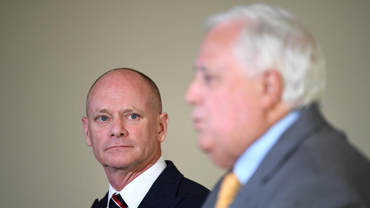 United Australia Party leader Clive Palmer (right) and Liberal Democrats senate candidate Campbell Newman announce a preferences exchange deal ahead of the next federal election. Picture: NCA NewsWire / Dan Peled