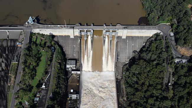 An Aerial view of Warragamba Dam overflowing on Wednesday. Picture: NCA NewsWire / Gaye Gerard