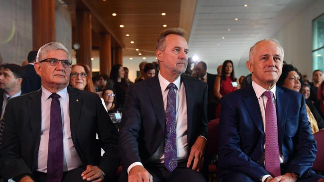 Minister for indigenous Health Ken Wyatt, with Minister for indigenous Affairs Nigel Scullion and Prime Minister Malcolm Turnbull at the Close the Gap parliamentary breakfast last week. Picture: AAP