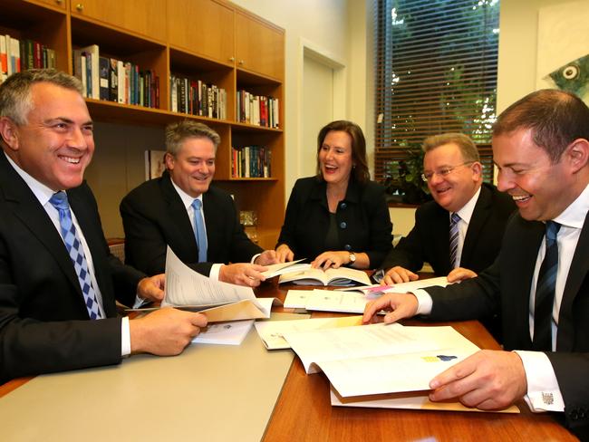 New thinking ... Treasurer Joe Hockey with Finance Minister Mathias Cormann, Kelly O'Dwyer, Bruce Billson and Josh Frydenberg, before the release of the 2015 Intergenerational Report. Picture: Kym Smith