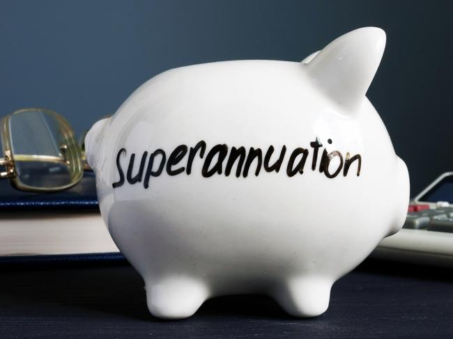 Superannuation written on a white piggy bank. Australia saving generic