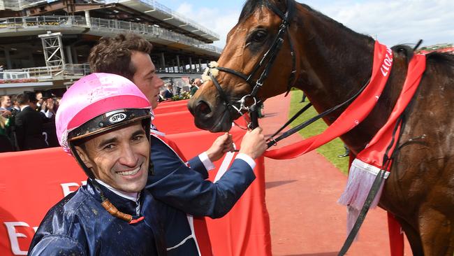 Corey Brown won his second Melbourne Cup on Rekindling in 2017. Picture: AAP