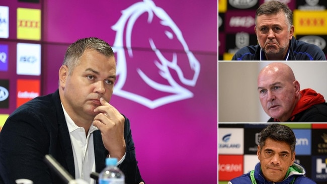 The NRL is considering a coach 'salary cap' system in a year which saw the sacking of (clockwise from left) Anthony Seibold, Dean Pay, Paul McGregor and Stephen Kearney.