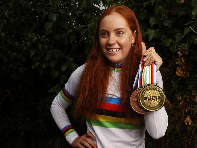 Felicity Wilson-Haffenden with her junior world championships time trial world medal, as well as two bronze medals won at the junior track championships.