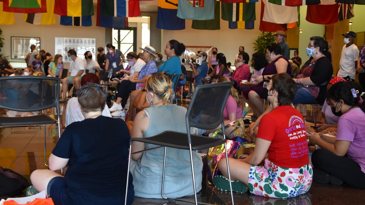 Crowds listened to speeches in the parliament as part of the City of Darwin International Women's Day walk and Celebrations, Saturday March 5.