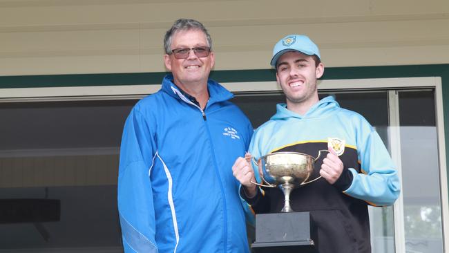 Western Districts cricket captain Luke Neale accepts the trophy after his side won the 2024 TCI two-day competition. Picture: Allyson Gardener.