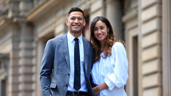 Israel Folau with his wife Maria in Melbourne on the day they settled with Rugby Australia. Picture: Aaron Francis