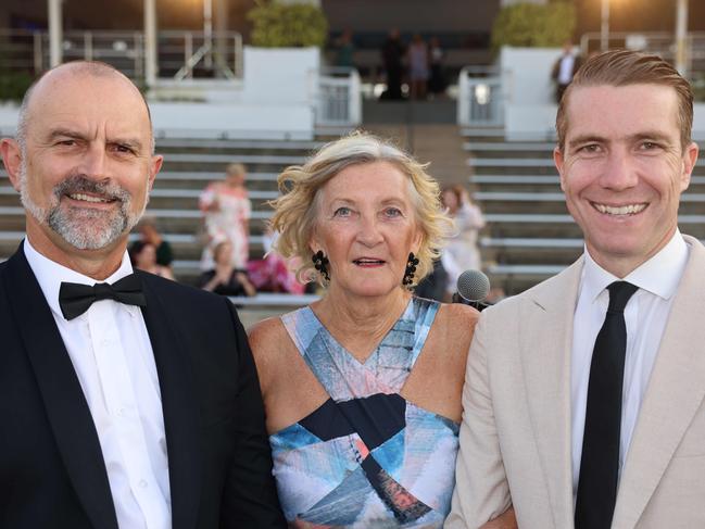 Greg Morgan, Chris Nikora and Damien Burke at the Southport State High School Formal at SeaWorld. Picture, Portia Large.
