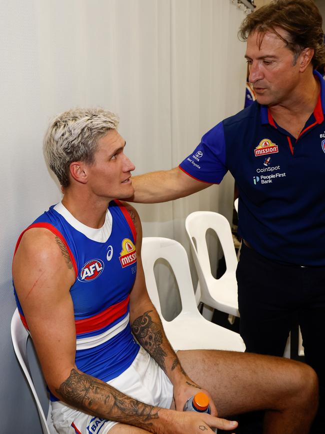 Lobb chats to coach Luke Beveridge after a game. Picture: Michael Willson/AFL Photos via Getty Images