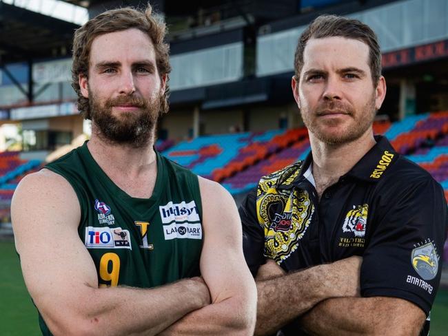 St Mary's Dylan Landt and Nightcliff Tigers' Brodie Filo ahead of the 2024-25 NTFL season. Picture: Pema Tamang Pakhrin