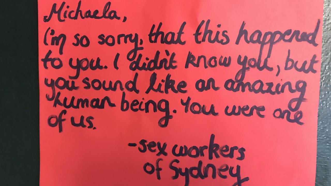 Handwritten notes left at the scene of Michaela Dunn’s alleged murder on Clarence Street, Sydney. .