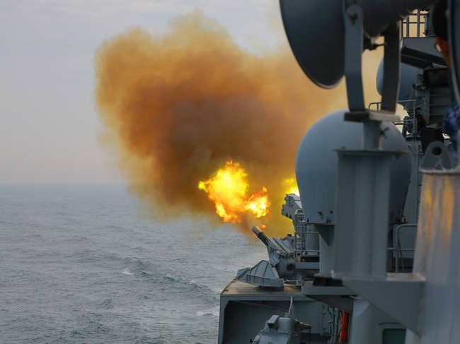 A Chinese warship tests its close-in weapons system during recent live-fire exercises. Picture: Xinhua