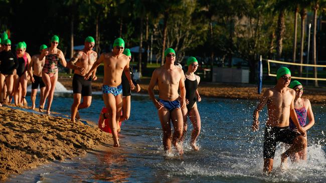 <source>Casuarina Storm Swimming Club swimmers compete in an open water event at the Darwin Waterfront. Picture: Glenn Campbell</source>