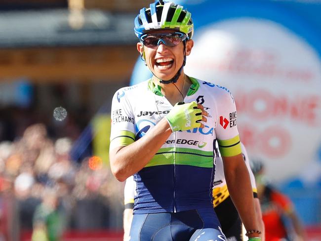 Esteban Chaves celebrates a stage win at Giro d'Italia.