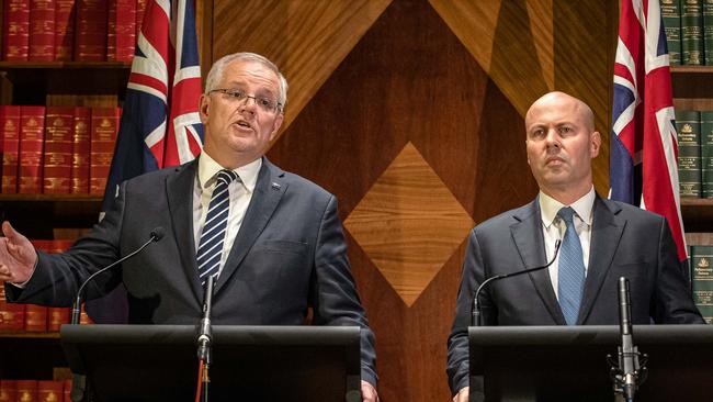 Scott Morrison with Josh Frydenberg on Tuesday. Picture: Jason Edwards