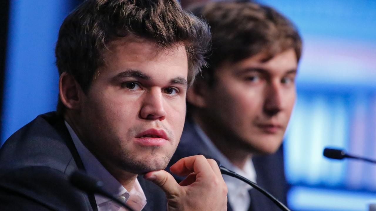 Sergey Karjakin (right) sits next to Magnus Carlsen of Norway during a press conference in 2016 in New York. Picture: AFP