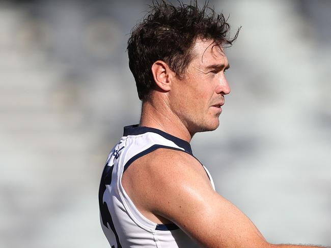 GEELONG, AUSTRALIA - FEBRUARY 23: Jeremy Cameron of the Cats reacts during the AFL Match Simulation between Geelong Cats and Hawthorn Hawks at GMHBA Stadium on February 23, 2023 in Geelong, Australia. (Photo by Kelly Defina/Getty Images)