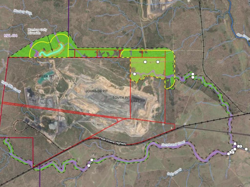 Areas outlined in green are suitable for koala habitation, areas in purple by the waterways are preferred. Photo: Peabody energy.