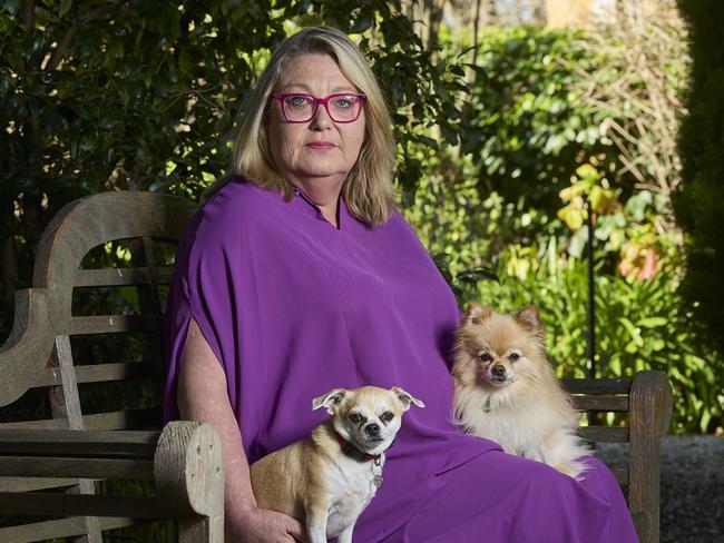 Jane Price with her dogs, Baby, 7, and Teddy, 7, at home in Toorak Gardens, after concern over Australian pet owner spending reached up to $33 billion annually on pet care, Monday, Sept. 11, 2023. Picture: Matt Loxton