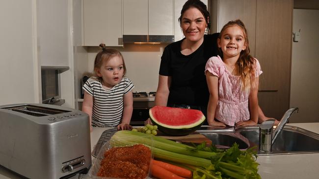 Bree Balmer at home with her two children Harley, 2, and Roxie, 6. Picture: Keryn Stevens