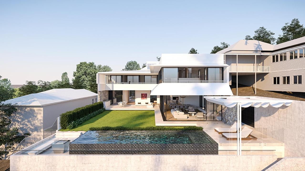 An architect’s rendering of 9 Reading St, Paddington, with large retaining wall and pool