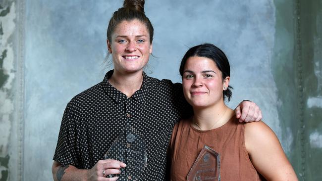 Carlton’s Brianna Davey and Madison Prespakis of the Blues with their awards. Picture: Getty