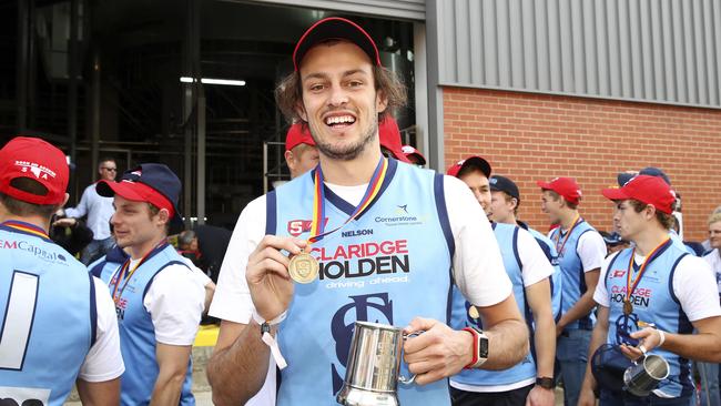 Jarrod Lienert at the West End chimney unveiling after Sturt’s 2016 grand final win. Picture Sarah Reed