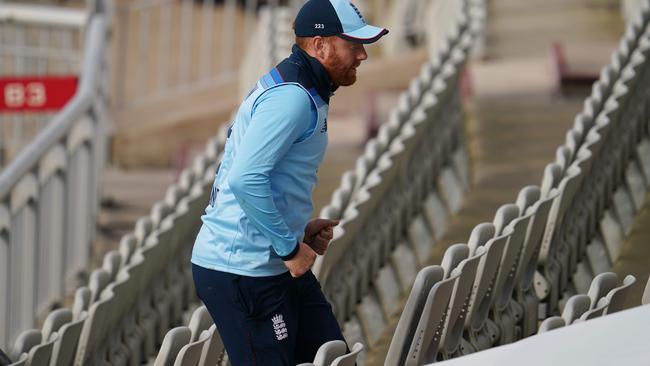 England's Jonny Bairstow looks for the ball in the empty stand at Old Trafford Picture: Getty Images