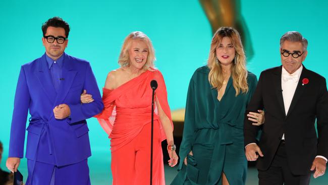 Dan Levy, Catherine O'Hara, Annie Murphy, and Eugene Levy from Schitt's Creek at the 2021 Emmy Awards. Picture: Cliff Lipson/CBS via Getty Images