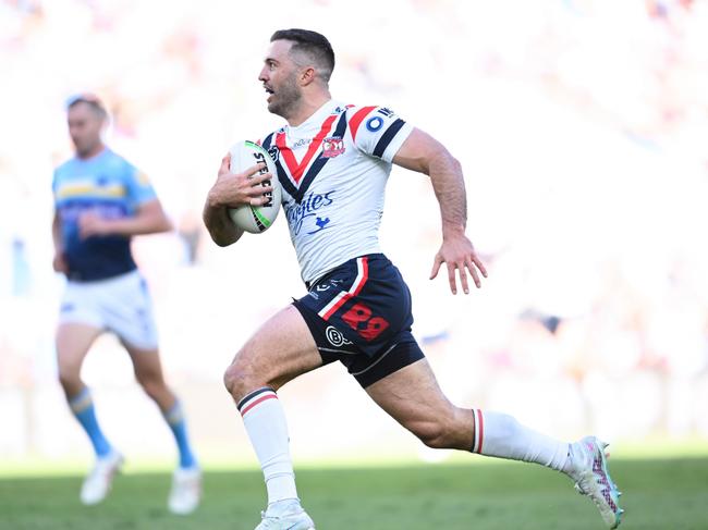 Roosters fullback James Tedesco on his way to the tryline against the Gold Coast Titans at CBus Super Stadium. Picture: NRL photos