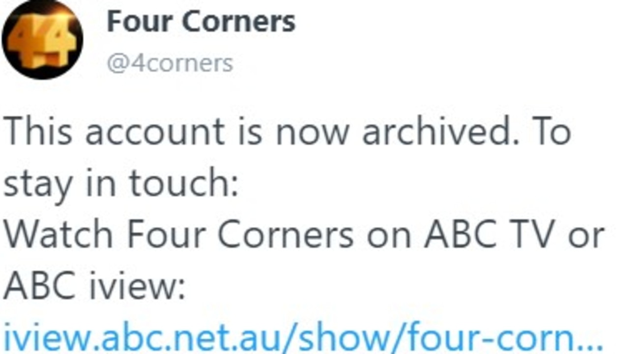 Four Corners tweet announcing its X account has been archived. Supplied / Twitter/X