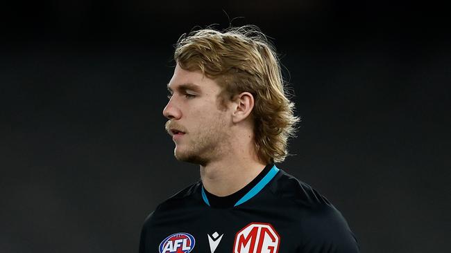 MELBOURNE, AUSTRALIA - JULY 26: Jason Horne-Francis of the Power warms up during the 2024 AFL Round 20 match between the Carlton Blues and the Port Adelaide Power at Marvel Stadium on July 26, 2024 in Melbourne, Australia. (Photo by Michael Willson/AFL Photos via Getty Images)