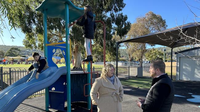 Dr Samantha Goss and Labor finance spokesman Luke Edmunds discuss the impacts of a lack of before and after school care on Hobart's Eastern Shore. Picture: Supplied.