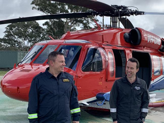 First Black Hawk helicopter to be registered as a civilian aircraft in Australia. It's owned by Aerotech, and pictured with pilots Scott Summers and Chris Boyd (L-R). Supplied.