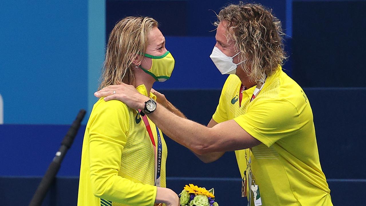 Ariarne Titmus with her coach Dean Boxall after winning the gold medal in the women's 200m freestyle at the Tokyo Olympics. (Photo by Maddie Meyer/Getty Images)