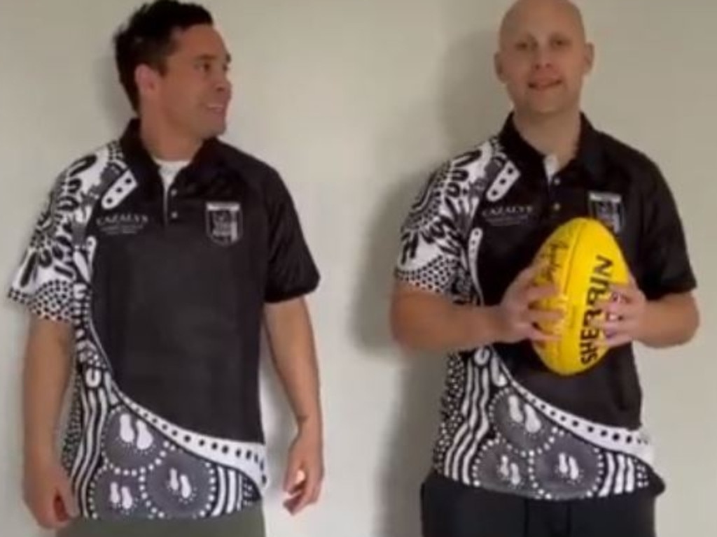 Mathew Stokes and Gary Ablett Jr appeared in a video for Palmerston Football Club. Picture: Palmerston Football Club.