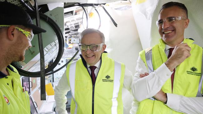 Prime Minister Anthony Albanese and South Australian Premier Peter Malinauskas speak to workers on a Collins Class Submarine at the Osborne Naval Shipyard. Picture: David Mariuz