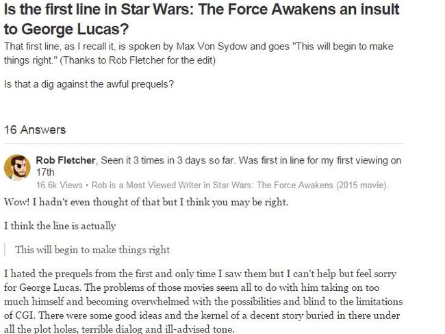 Online war ... Star Wars fans are questioning whether J.J. Abrams made a dig at George Lucas. Picture: Screen grab from Quora.com