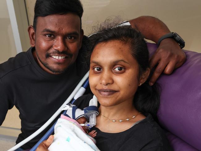 Bhushan Nampally and Pyrinka Gajjela with their daughter, who was born on December 3, at just 26 weeks, 6 days. Picture: David Caird