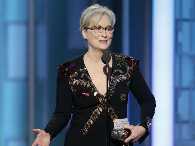 FILE - This Jan. 8, 2017 file image released by NBC shows Meryl Streep accepting the Cecil B. DeMille Award at the 74th Annual Golden Globe Awards in Beverly Hills, Calif. Streep gave an impassioned speech at the Golden Globes criticizing President-elect Donald Trump for mocking a disabled reporter and calling for the defense of a free press. (Paul Drinkwater/NBC via AP, File)