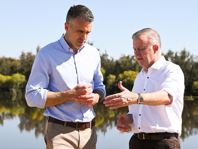 SA Premier Peter Malinauskas and Anthony Albanese stand upon Hospital Bank Levee in Renmark. Picture: Morgan Sette